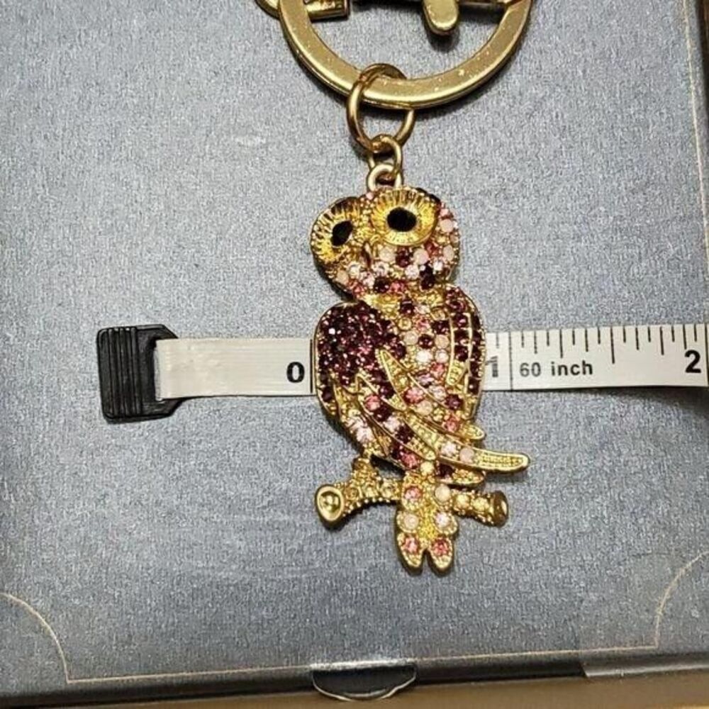 Monet gold tone rhinestone owl key fob pink burgundy - Picture 6 of 7